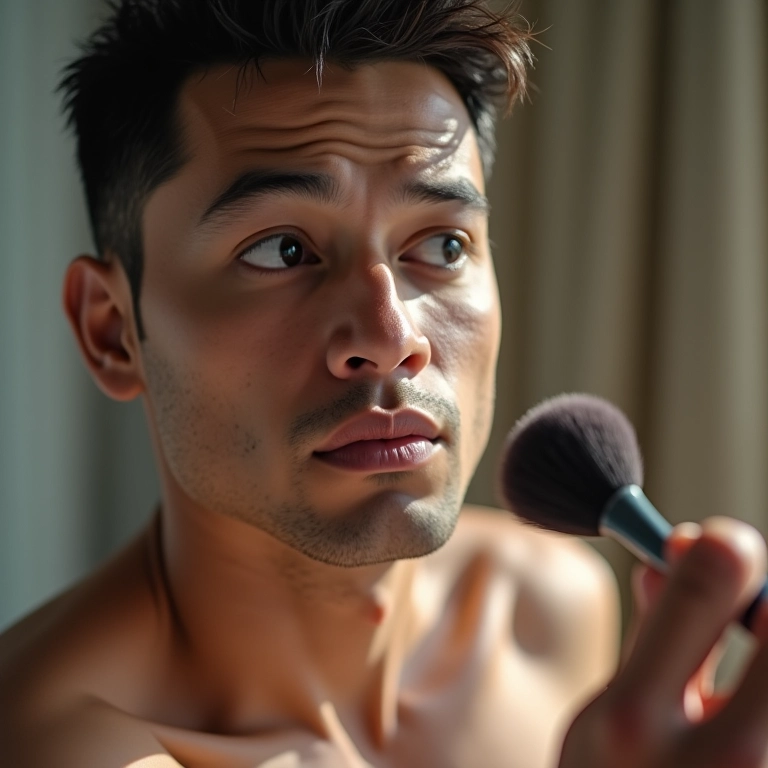 Homem aplicando pó translúcido com um pincel para selar a maquiagem.