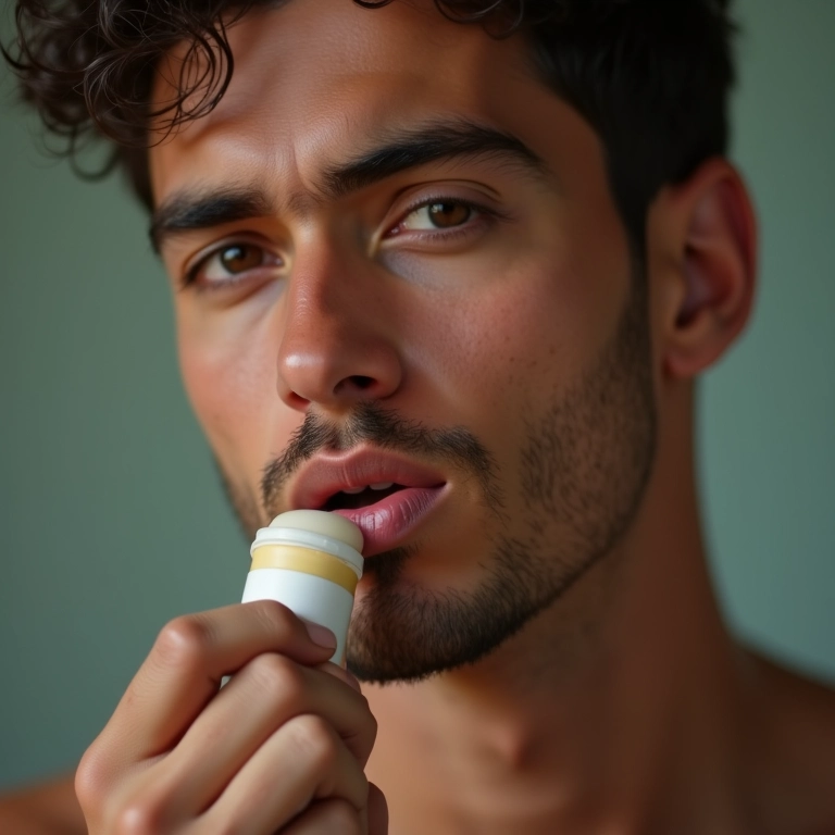 Homem aplicando protetor labial nos lábios para hidratação.