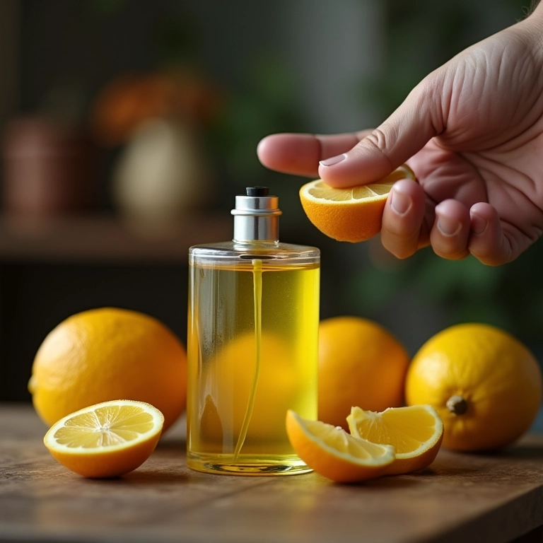 Homem borrifando perfume com aroma de limão siciliano.