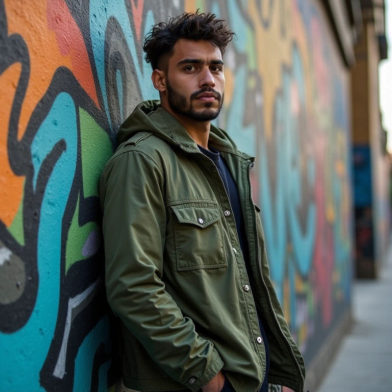 Homem brasileiro com jaqueta verde militar em cenário urbano, atitude e estilo para o inverno.