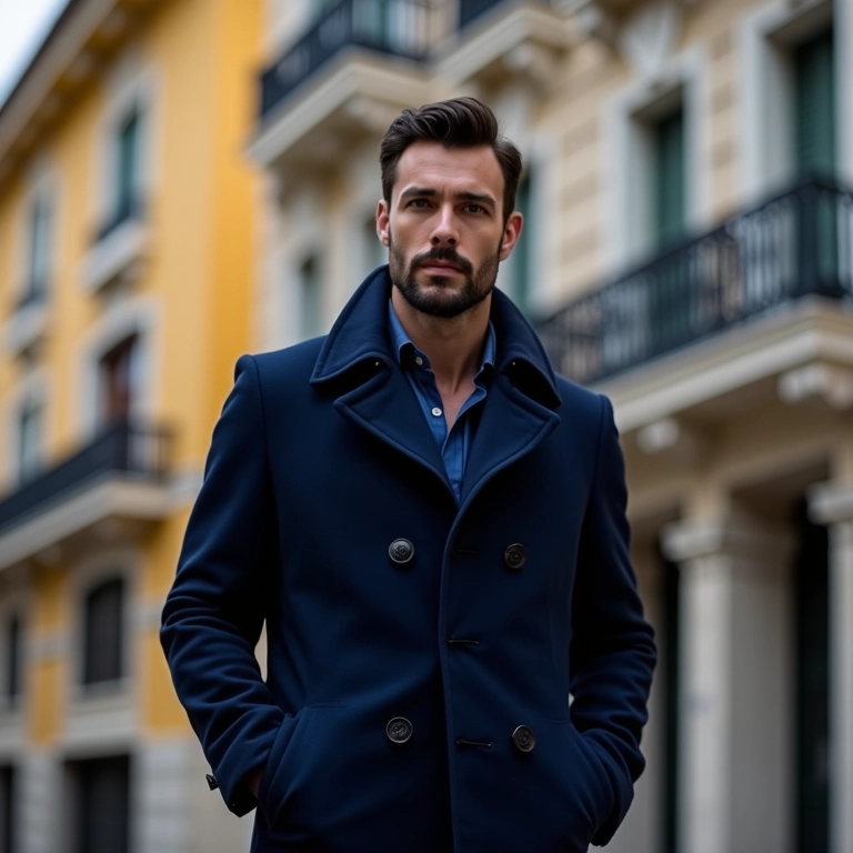 Homem brasileiro confiante em casaco azul marinho, exibindo elegância clássica no Rio de Janeiro.