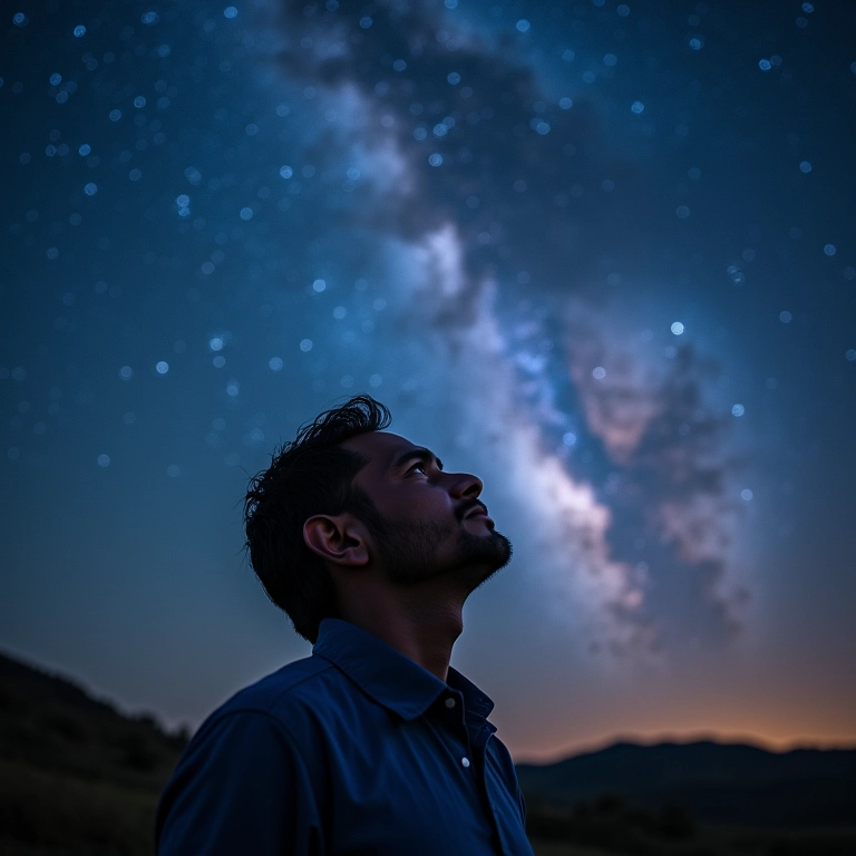 Homem brasileiro de meia-idade olhando para o céu estrelado, representando a fé nas promessas de Deus.