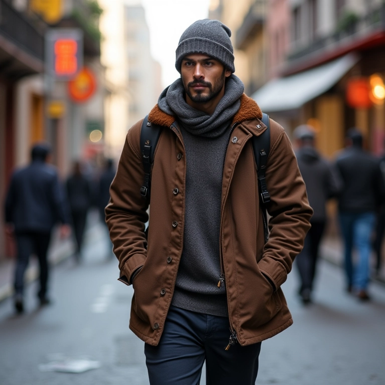 Homem brasileiro estiloso caminhando em São Paulo, usando as últimas tendências de moda masculina para o inverno.
