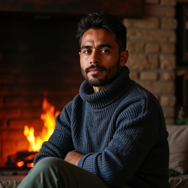 Homem brasileiro usando suéter de tricô confortável perto da lareira, estilo e conforto para o inverno.