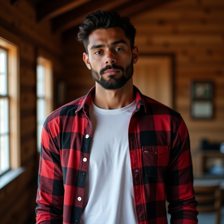 Homem brasileiro vestindo camisa xadrez em cabana aconchegante, estampa atemporal para o inverno.