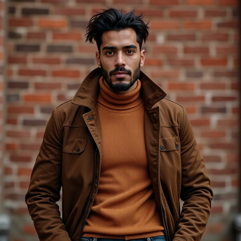 Homem brasileiro vestindo casaco e suéter em tons terrosos, estilo sofisticado e aconchegante para o inverno.