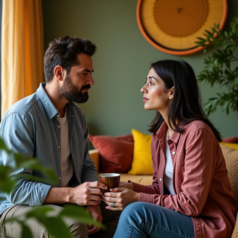 Homem conversando calmamente com mulher virginiana frustrada em sala colorida.