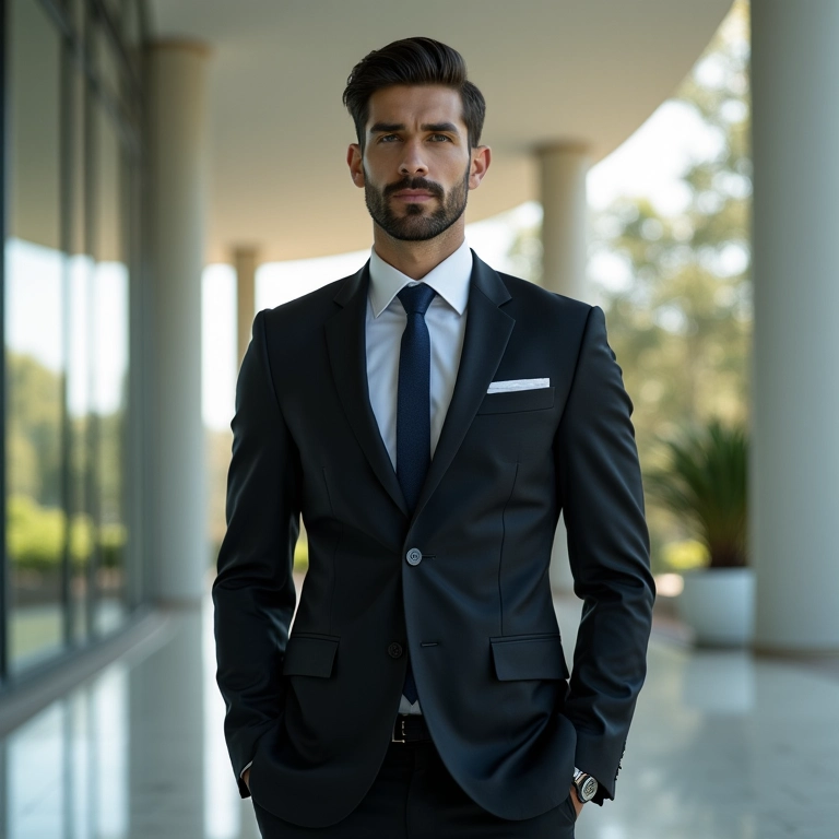 Homem em um terno impecável da João Pimenta, em um prédio de arquitetura moderna com luz natural.