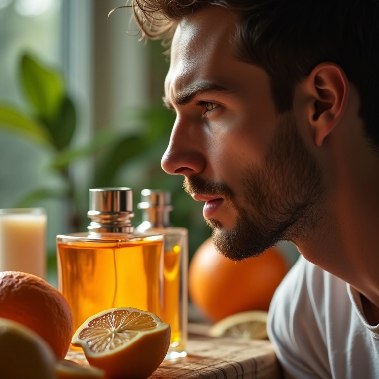 Homem experimentando perfumes cítricos.