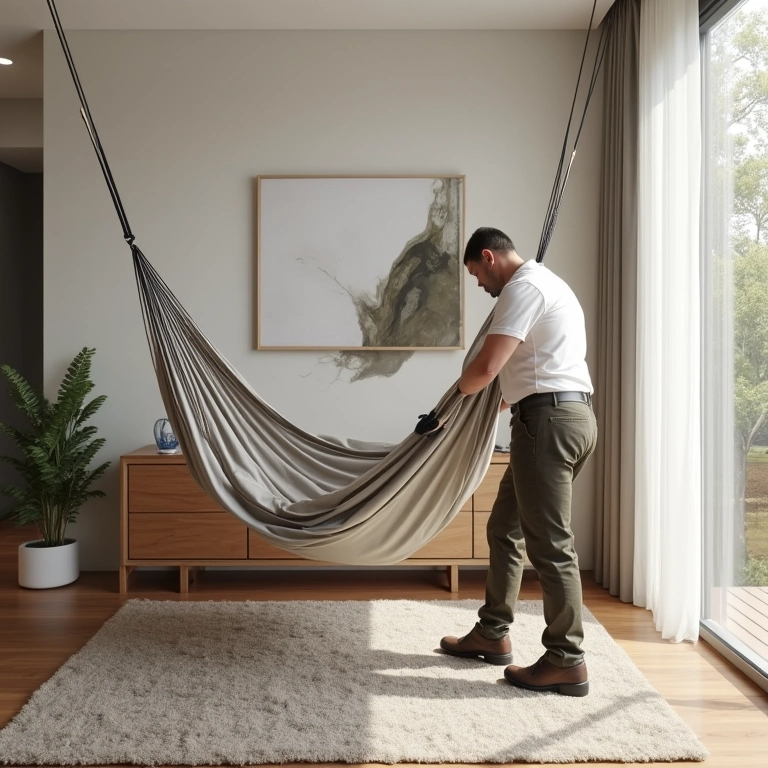 Homem instalando pontos de fixação para rede em sala moderna com foco no posicionamento estratégico.