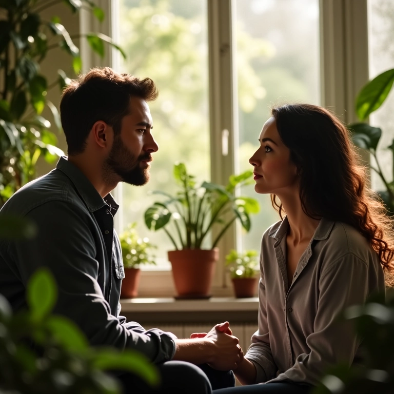 Homem ouvindo atentamente sua parceira em uma sala ensolarada, praticando a escuta ativa.
