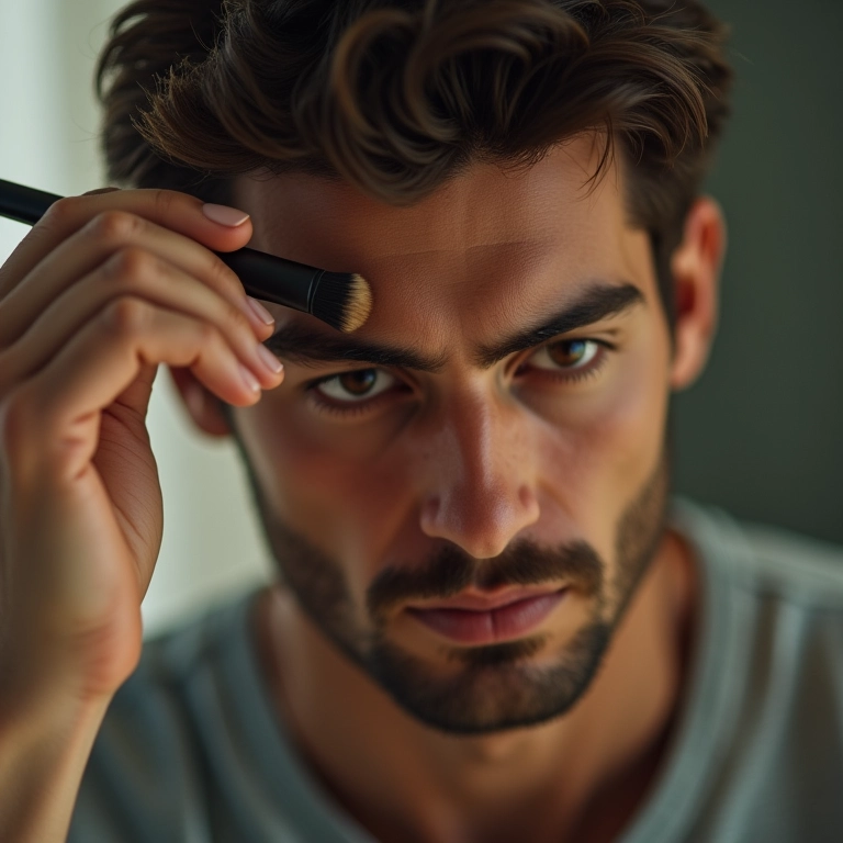 Homem penteando as sobrancelhas com uma escova para definir o olhar.