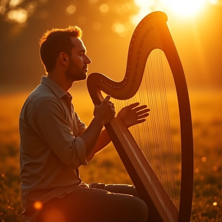 Homem tocando harpa em luz dourada, expressando sua fé através da música e oração.