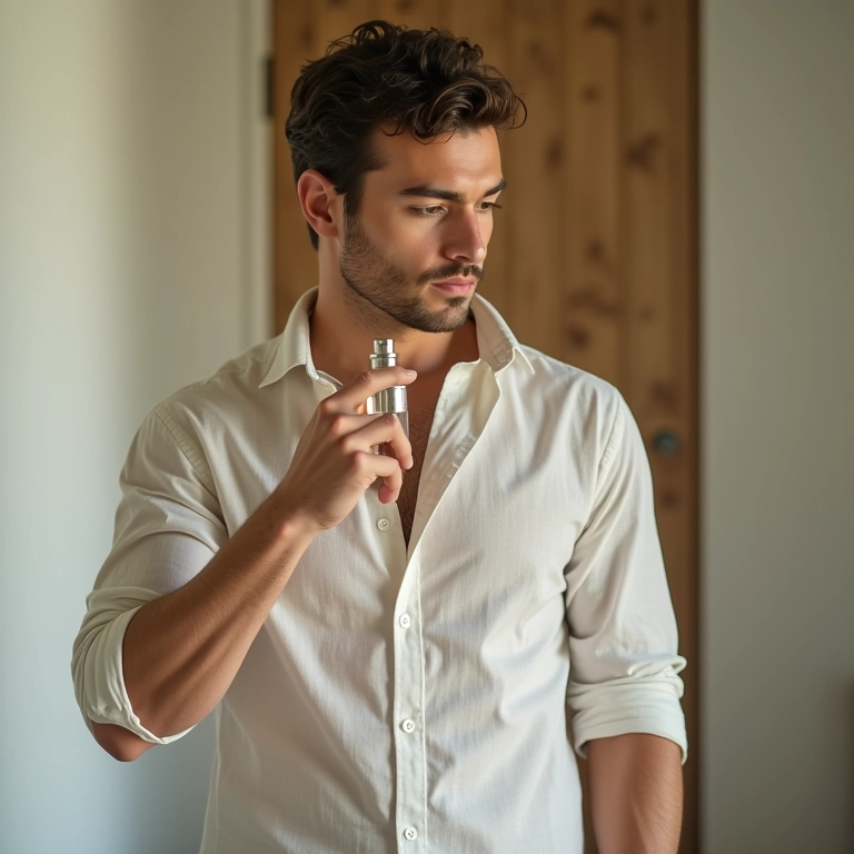 Homem usando perfume de bergamota com camisa de linho.
