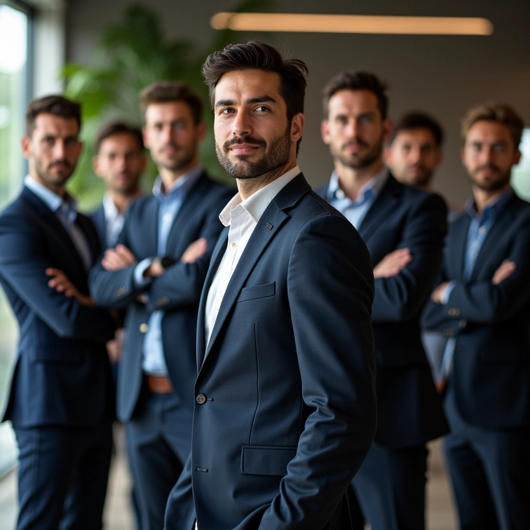 Homens diversos representando nomes masculinos fortes em ambiente de trabalho moderno.