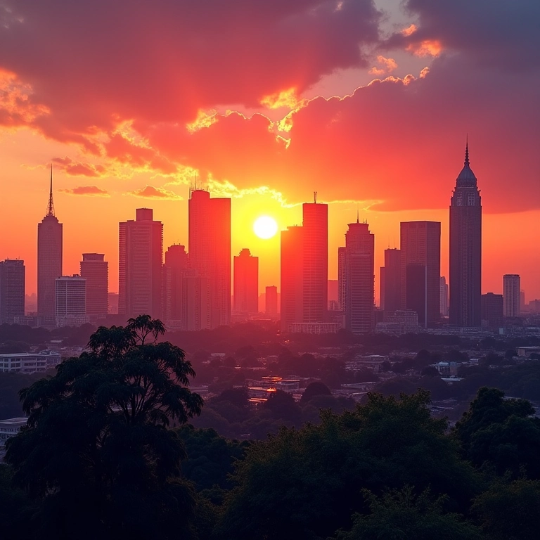 Horizonte de Joanesburgo ao pôr do sol com edifícios modernos.
