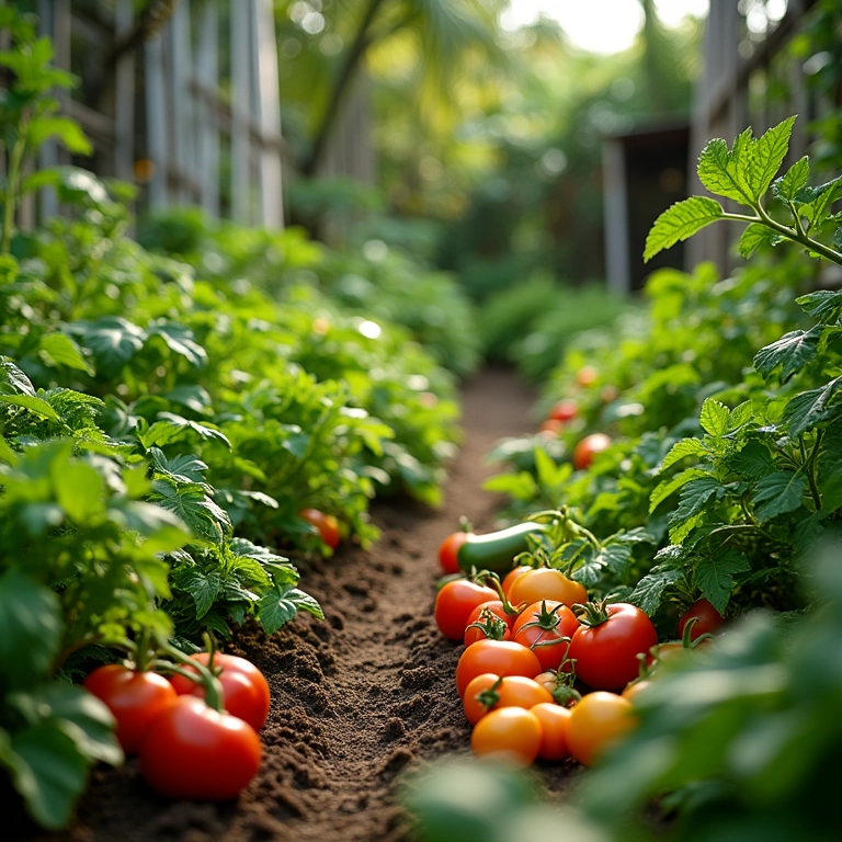 Horta caseira vibrante com diversas ervas e vegetais sob luz natural.