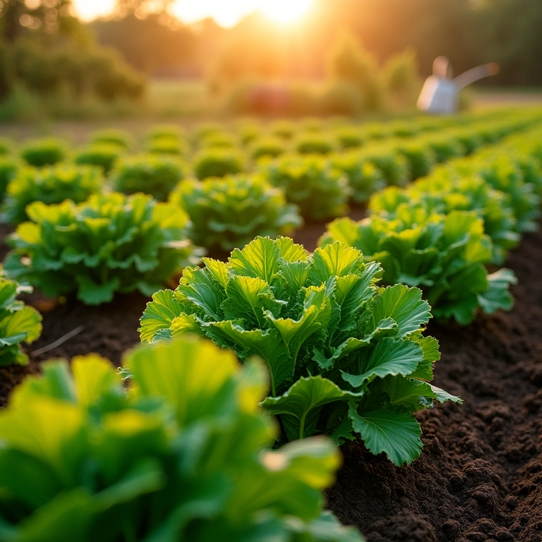 Horta orgânica com fileiras de couve verde vibrante sob a luz do sol.