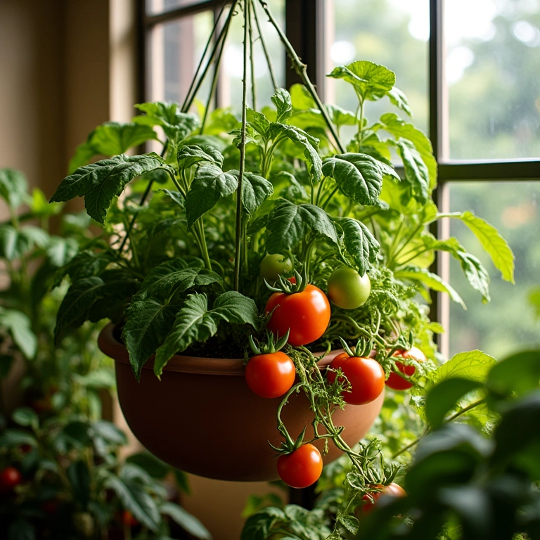 Horta suspensa exuberante com diversos vegetais e tomates vibrantes em uma varanda ensolarada.