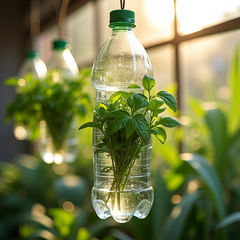 Horta suspensa feita com garrafas PET, cultivando manjericão e hortelã, iluminada pela luz solar.