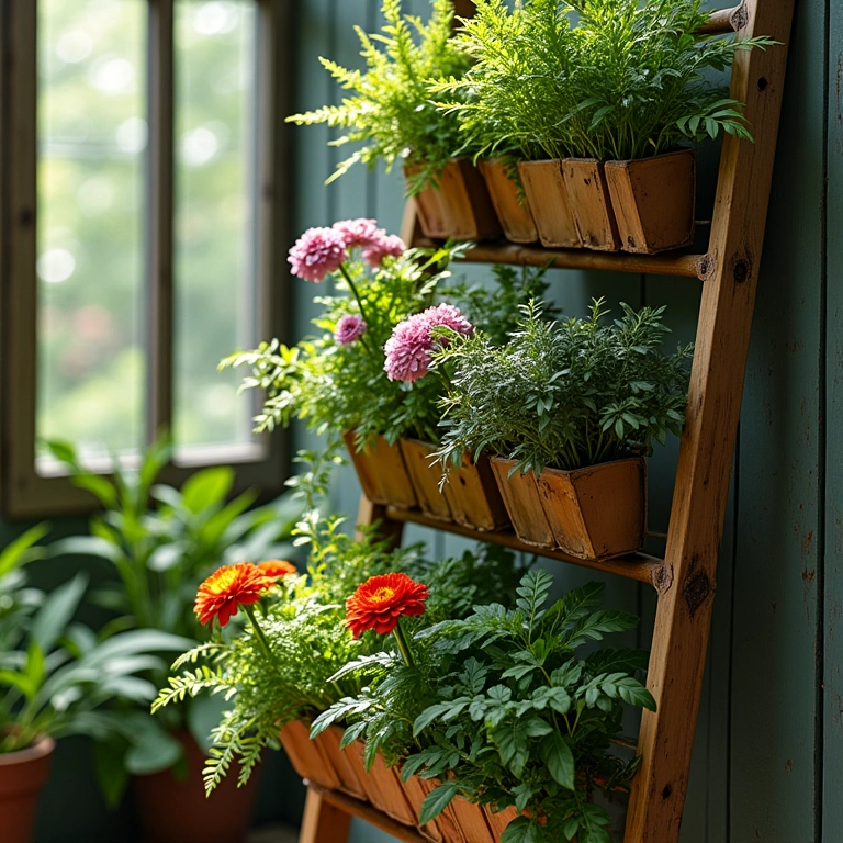 Horta vertical de bambu com escada exibindo ervas e flores.