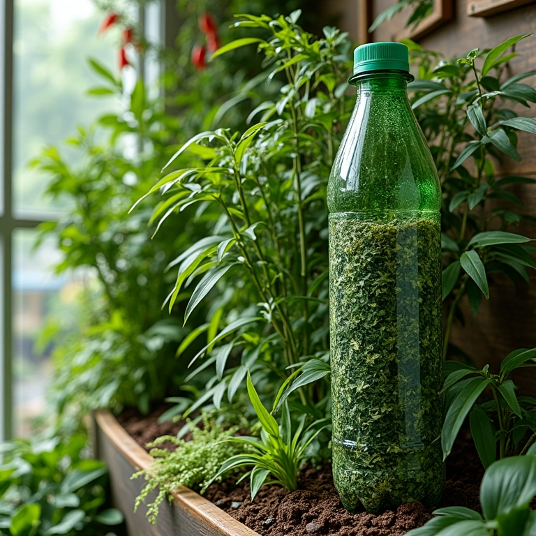 Horta vertical de bambu com garrafas PET reaproveitadas.