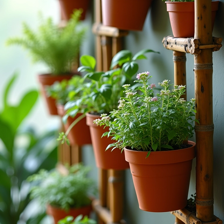 Horta vertical de bambu com vasos suspensos.