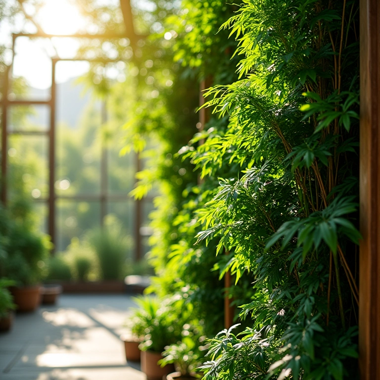 Horta vertical de bambu destacando os benefícios ambientais.