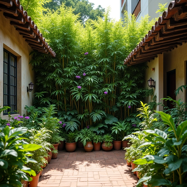 Horta vertical de bambu exuberante em pátio brasileiro ensolarado.