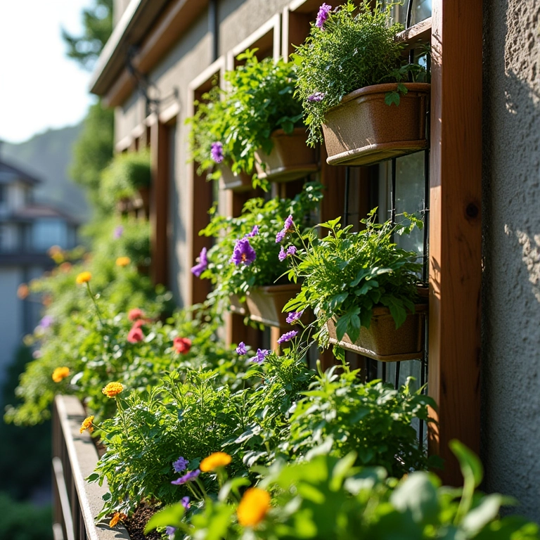 Horta vertical exuberante com treliça repleta de ervas e flores.