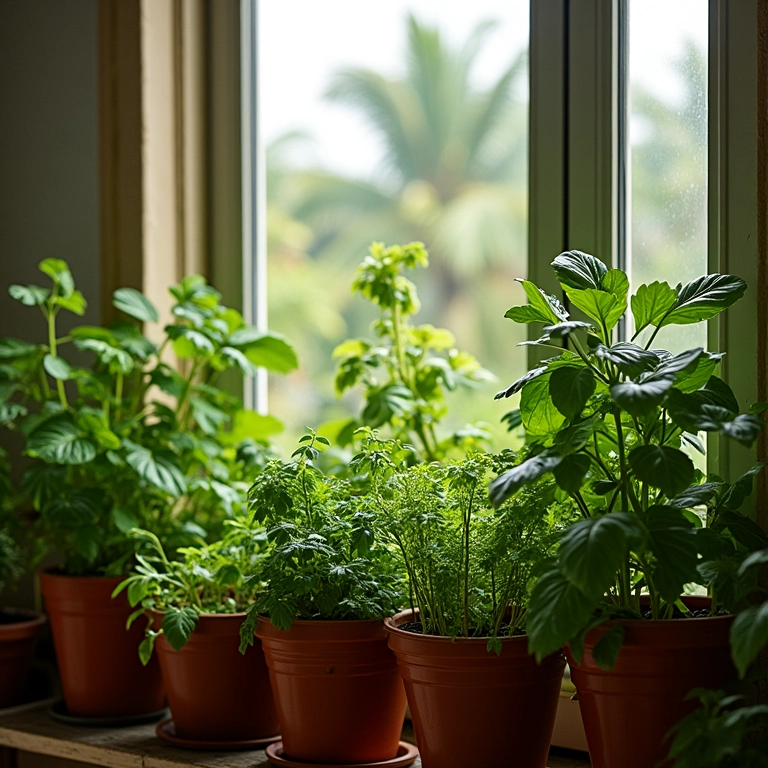 Horta vibrante em apartamento brasileiro com temperos frescos.