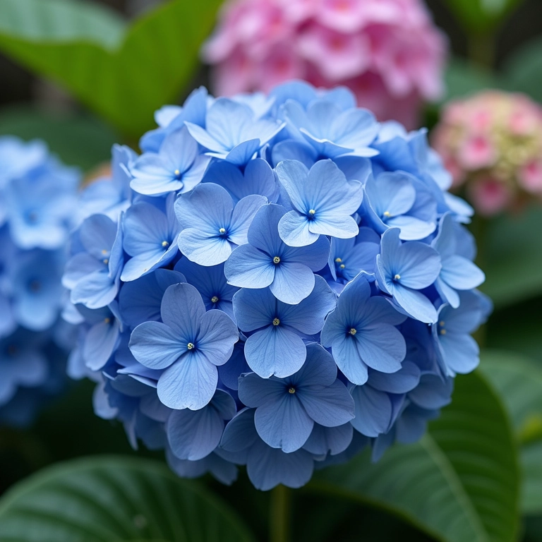 Hortênsias azuis e rosas em um jardim brasileiro.