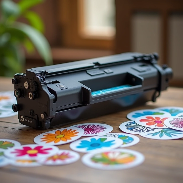 HP toner cartridge next to vibrant handmade stickers. Commercial photography, 8K quality, sharp Toner HP e adesivos artesanais coloridos.