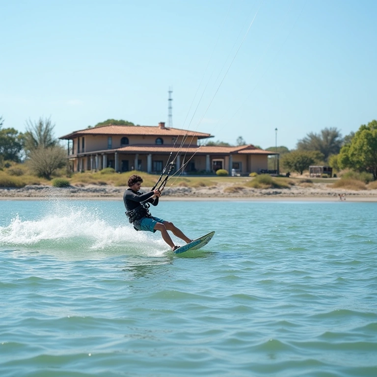 Ibiraquera lagoon, kitesurfer in action, calm waters. Pousada with rustic architecture. Sunny day, Lagoa de Ibiraquera, Imbituba, perfeita para esportes náuticos.