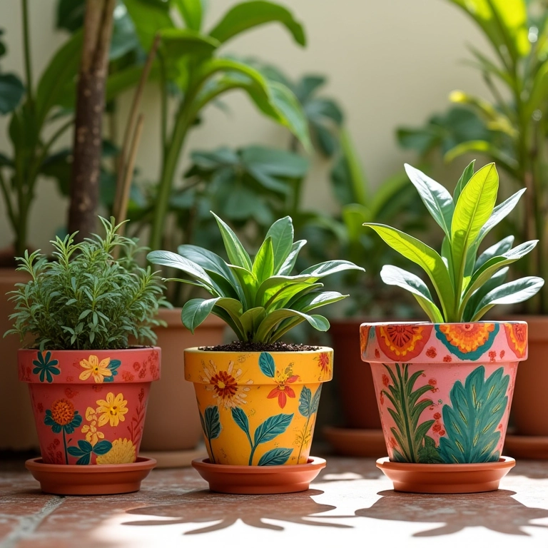 Ideias criativas de pintura para vasos de plantas em um pátio.