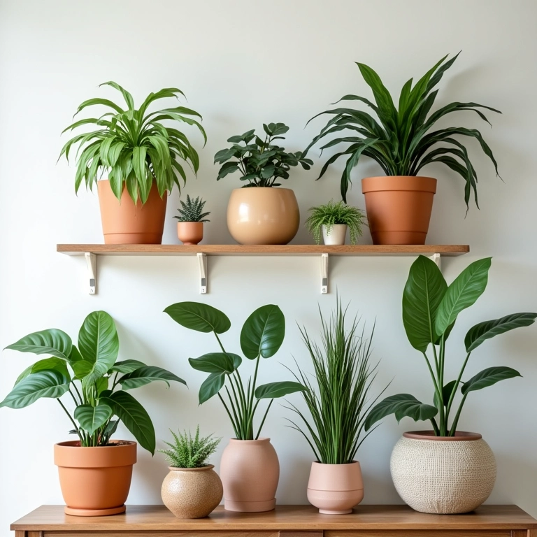 Ideias de decoração criativa com plantas artificiais em prateleiras e vasos suspensos.