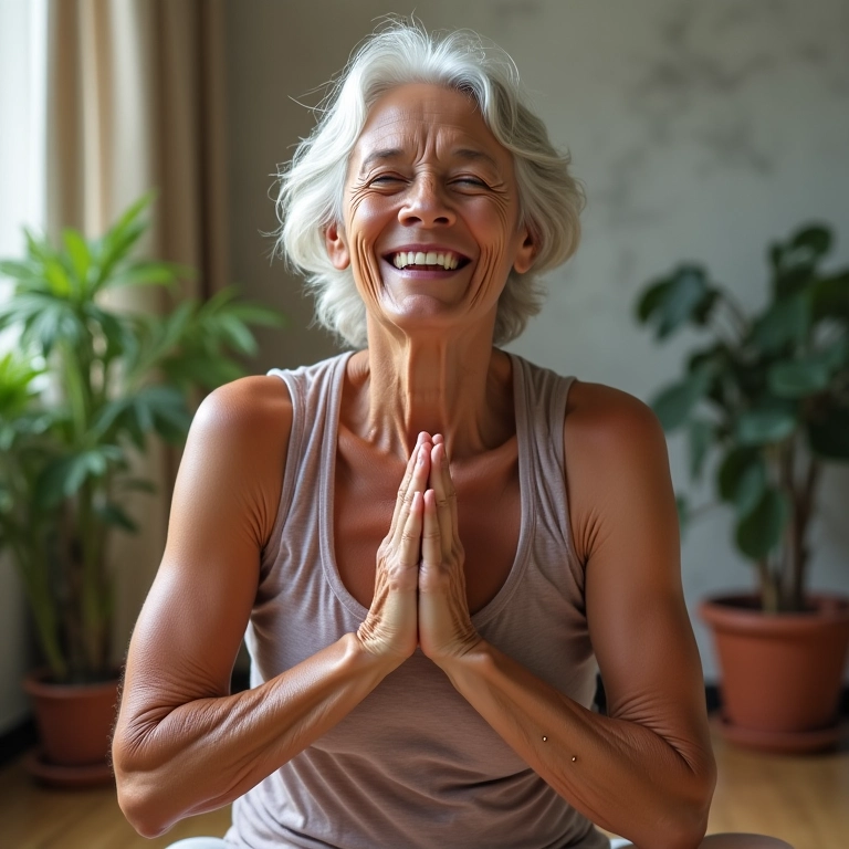 Idosa brasileira feliz praticando yoga, ossos fortes.