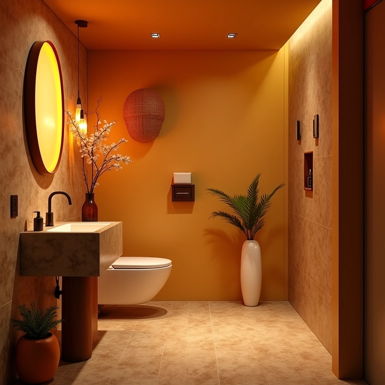 Iluminação acolhedora em lavabo moderno com elementos naturais.