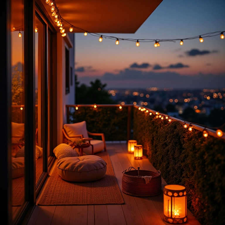 Iluminação aconchegante com luzes e lanternas em varanda de apartamento.