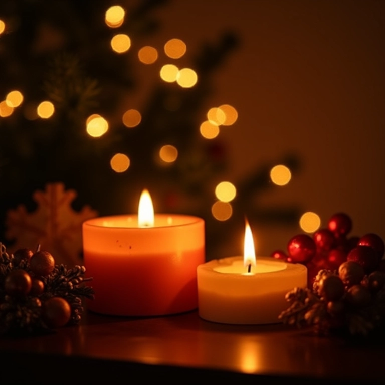 Iluminação aconchegante de Natal com velas e luzes de fadas.