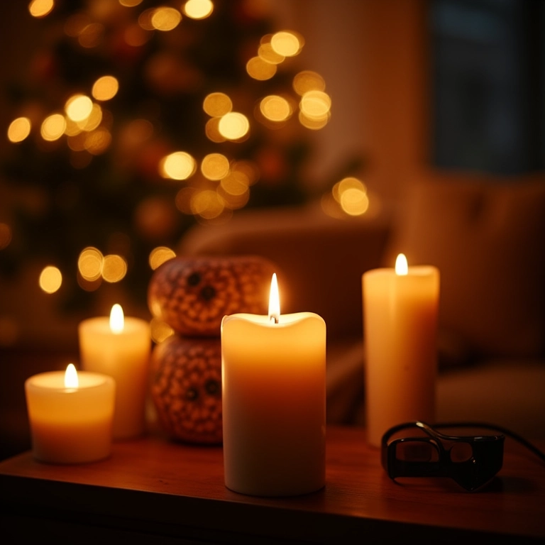 Iluminação aconchegante de Natal em sala de estar brasileira com luzes e velas.