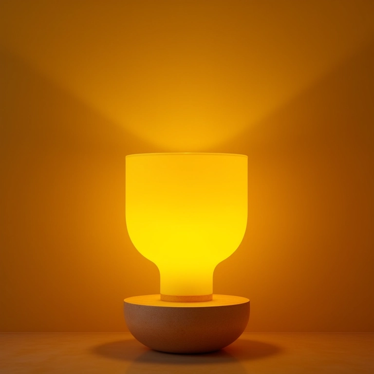 Iluminação aconchegante destacando parede amarelo mostarda em quarto brasileiro.