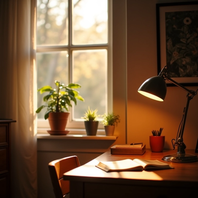 Iluminação aconchegante e eficiente para um home office feminino confortável.