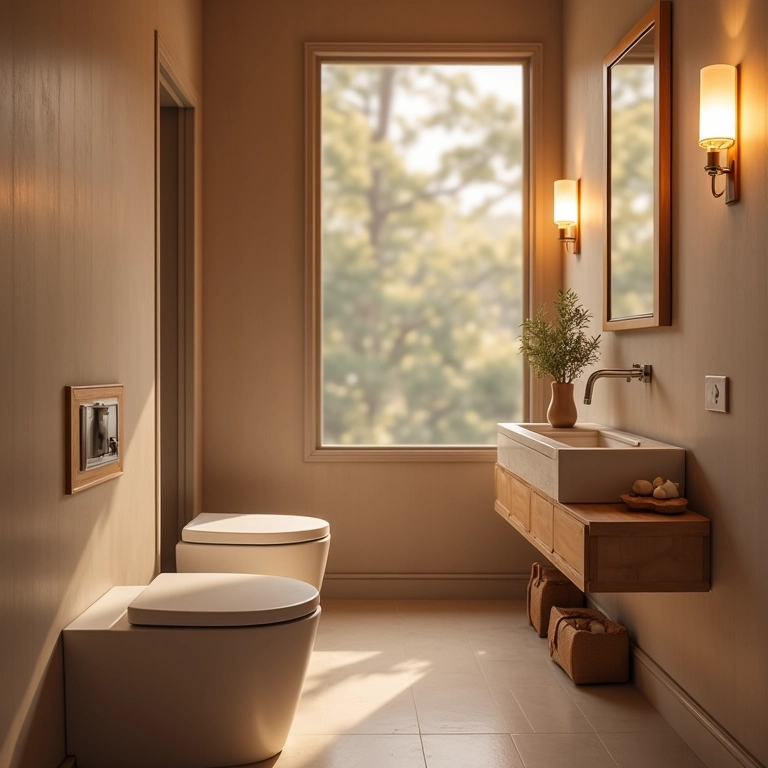 Iluminação aconchegante em lavabo pequeno com arandelas decorativas.