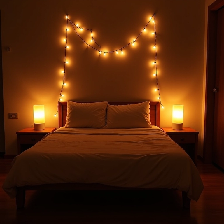 Iluminação aconchegante em quarto de casal com luzes indiretas e abajures.