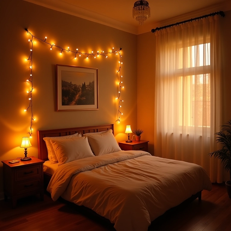 Iluminação aconchegante em quarto feminino com luz natural e artificial.