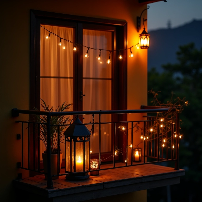 Iluminação aconchegante em varanda pequena com luzes e velas.