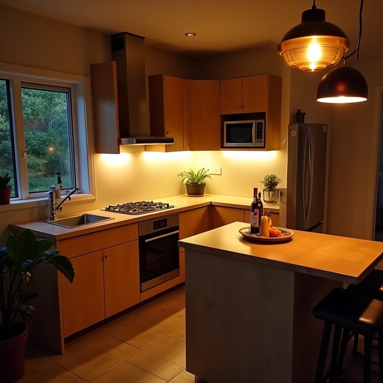 Iluminação artificial estratégica na cozinha.