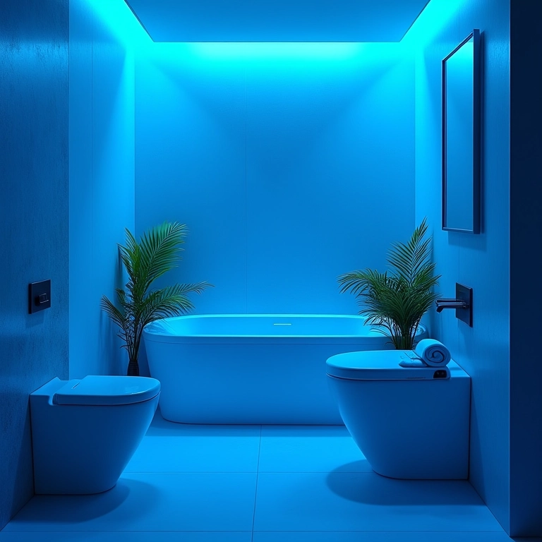 Iluminação azul em banheiro com atmosfera relaxante.
