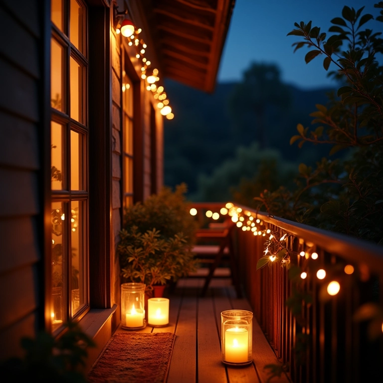 Iluminação charmosa na sacada com luzes, lanternas e velas.